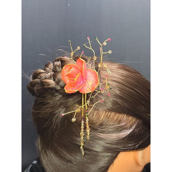 Unique Handcrafted Elegant Gemstone Asian Inspired Pink and Gold Rose Hair Stick - Picture 5 of 7